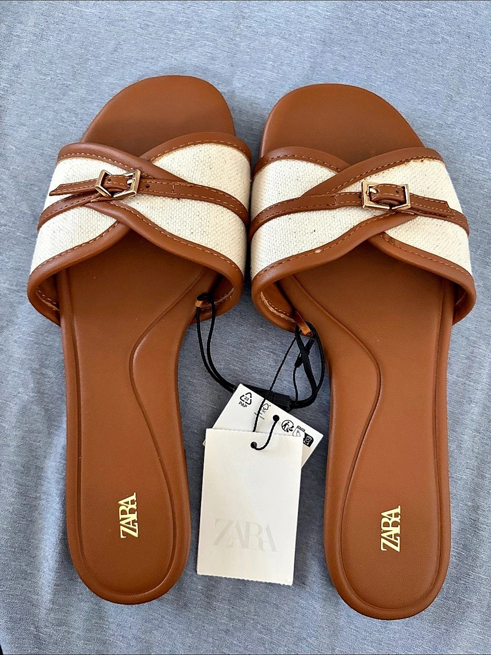 Zara Strappy Slide Sandals in Brown & Cream